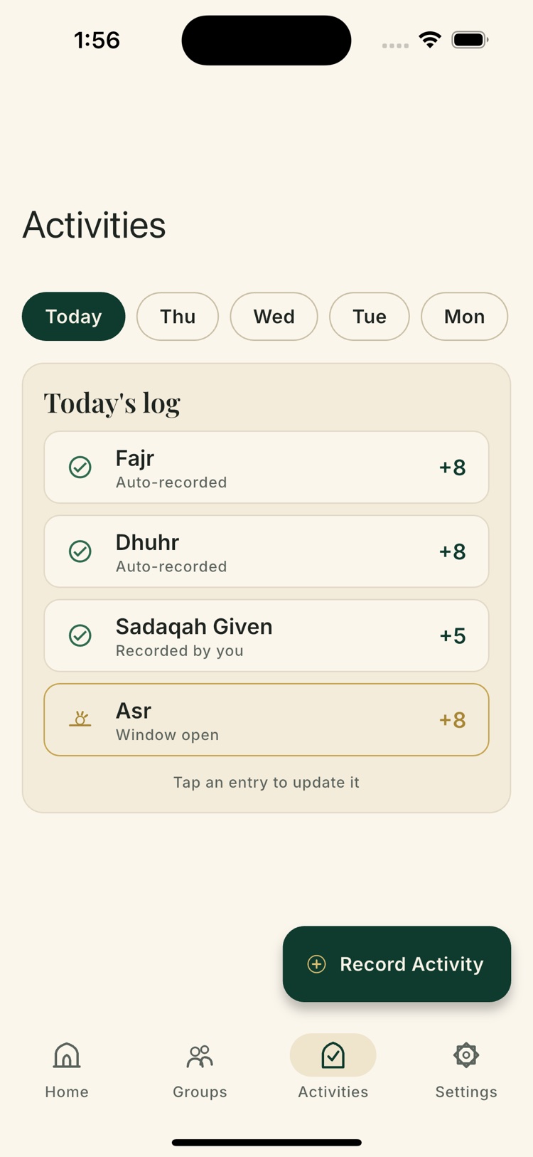 The Activities log for today, with recorded prayers and a Record Activity button