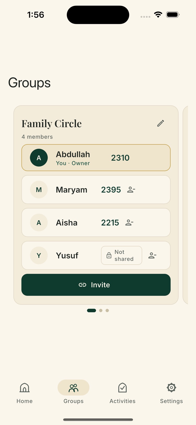 A Family Circle roster where some members share their score and one shows Not shared