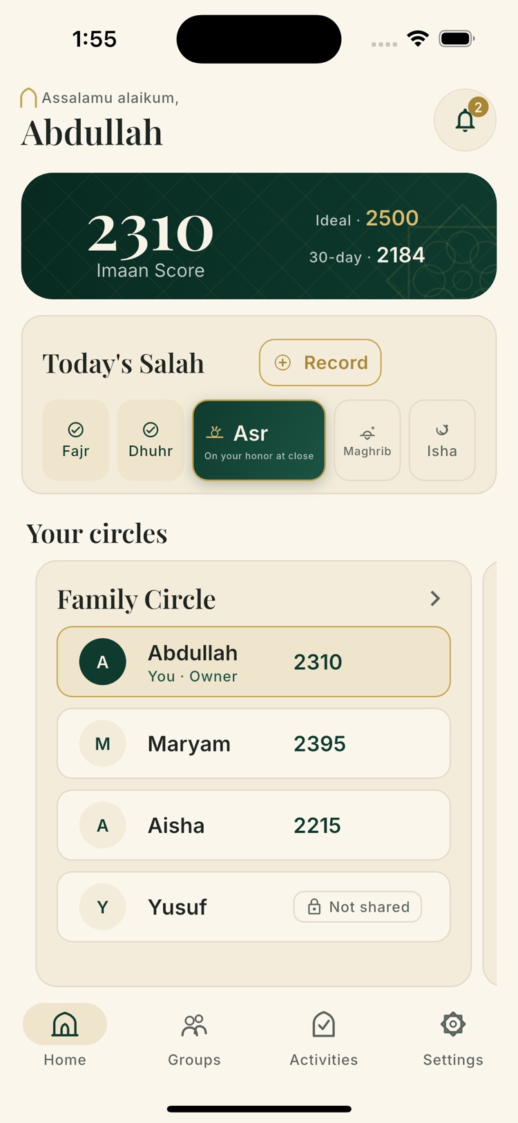 Imaan Circle home screen: an Imaan Score of 2310 beside its Ideal and 30-day references, today's salah with two prayers recorded, and a Family Circle members list